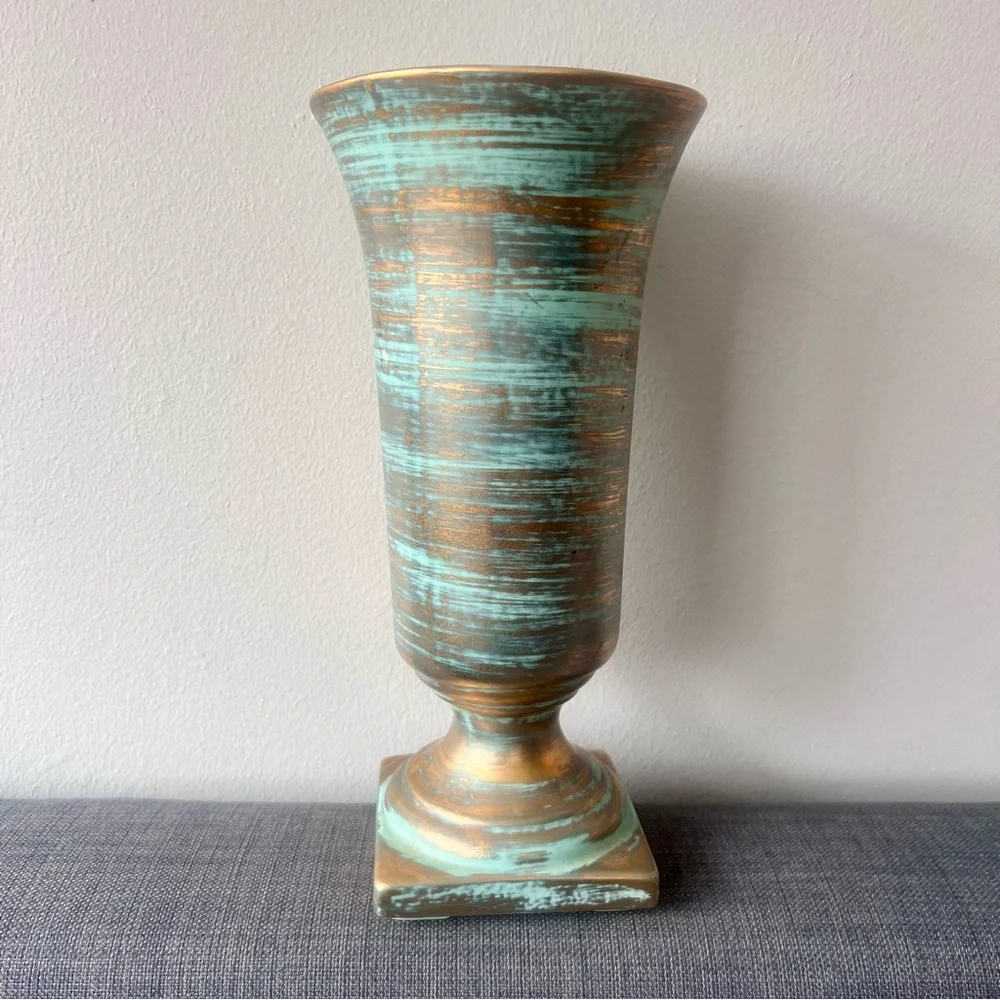 Elegant Stangl Aqua green and Gold/Bronze Vase 11” tall hard to find style